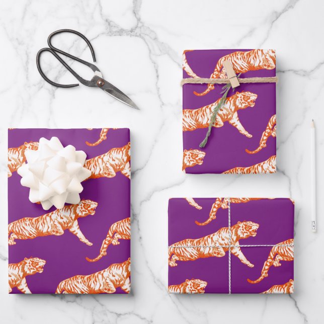 Modern Trendy Bright Orange Tiger on Purple Wrapping Paper Sheet (Front)
