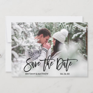 Modern Trendy Brush Script Couple Photo Engagement Save The Date