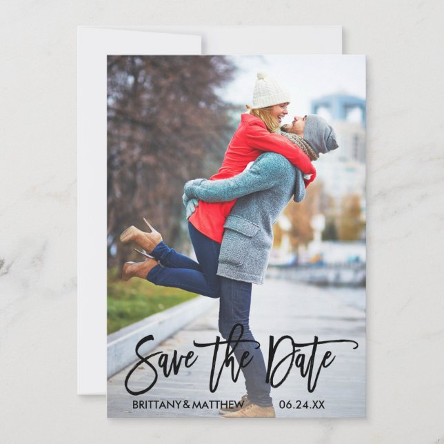 Modern Trendy Brush Script Couple Photo Save The Date (Front)