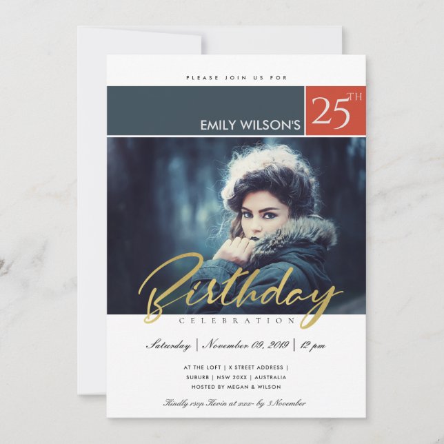 MODERN TRENDY BRUSH SCRIPT PHOTO ANY AGE BIRTHDAY INVITATION (Front)