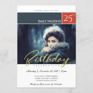 MODERN TRENDY BRUSH SCRIPT PHOTO ANY AGE BIRTHDAY INVITATION