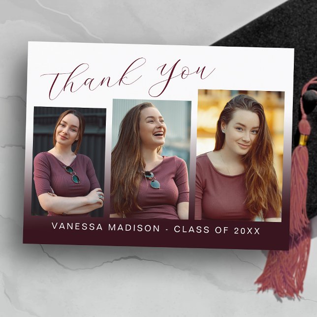 Modern Trendy Burgundy Red 3 Photo Grad Thank You Postcard (Creator Uploaded)