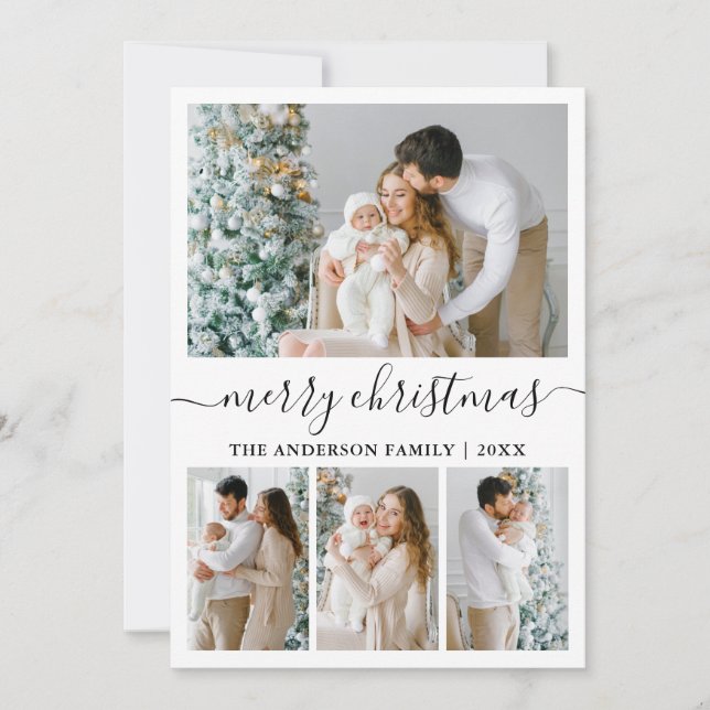Modern Trendy Calligraphy 4 Photo Merry Christmas Holiday Card (Front)