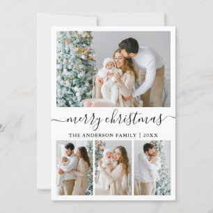 Modern Trendy Calligraphy 4 Photo Merry Christmas Holiday Card