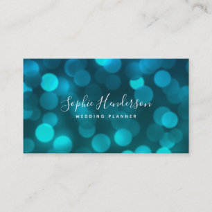 Modern Trendy Calligraphy Aqua Blue Bokeh Lights Business Card