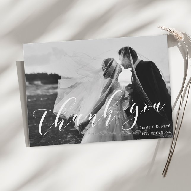 Modern Trendy Calligraphy Photo Wedding Thank You Card (Creator Uploaded)