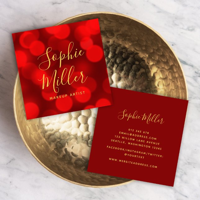 Modern Trendy Calligraphy Ruby Red Bokeh Lights Square Business Card (Creator Uploaded)