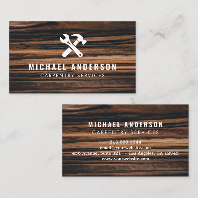 Modern Trendy Carpentry Service and Handyman Wood Business Card (Front/Back)