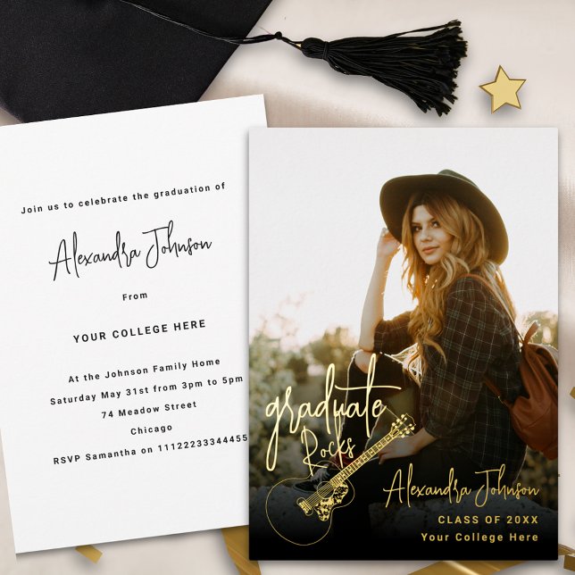 Modern Trendy Casual Photo Graduation Party Gold  (Modern trendy vertical photo gold foil Graduation party and announcement invitation country guitar)
