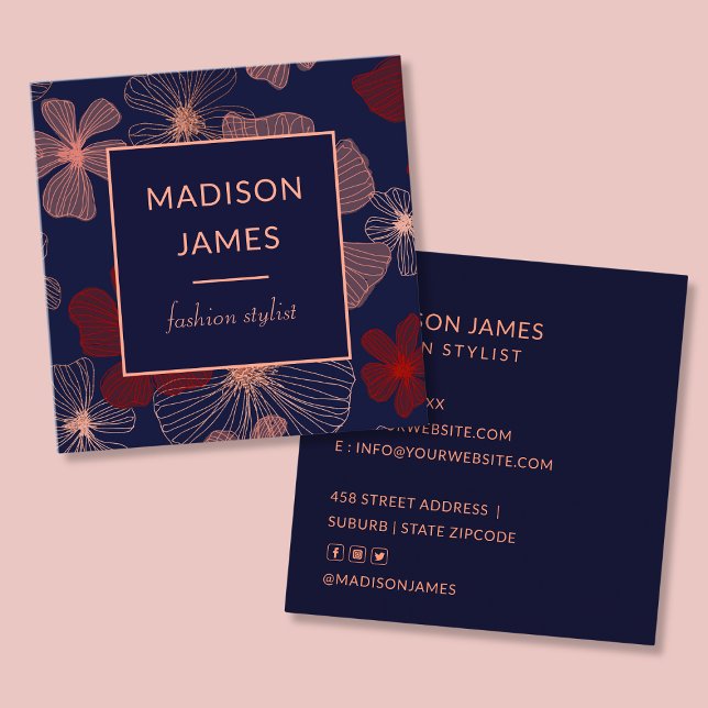 Modern Trendy Chic Floral Fashionable Professional Square Business Card (Creator Uploaded)