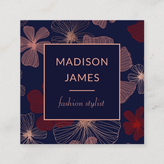 Modern Trendy Chic Floral Professional Fashion Square Business Card (Front)