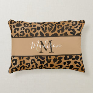 Modern Trendy Chic Leopard Pattern Monogram Name Decorative Cushion