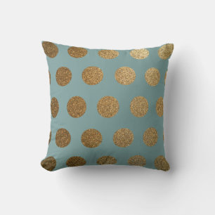 Modern Trendy Chic Teal Gold Polka Dots Cushion