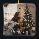 Modern Trendy Christmas Couple Photo Ceramic Ornament<br><div class="desc">A trendy urban modern holiday photo tree ornament with a couple's photo and name with a simple minimal background with string lights and holiday tree. Smoky neutral colours. The back of the ornament features white stars. This photo is a placeholder that must be replaced with your own creative holiday photo....</div>