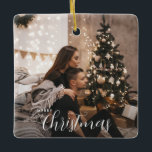 Modern Trendy Christmas Couple Photo Ceramic Ornament<br><div class="desc">A trendy urban modern holiday photo tree ornament with a couple's photo and name with a simple minimal background with string lights and holiday tree. Smoky neutral colours. The back of the ornament features white stars. This photo is a placeholder that must be replaced with your own creative holiday photo....</div>