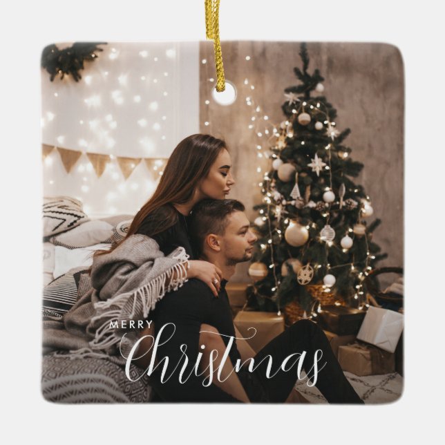 Modern Trendy Christmas Couple Photo Ceramic Ornament (Front)