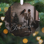 Modern Trendy Christmas | Dark Dusky Couple Photo Tree Decoration Card<br><div class="desc">A trendy stylish holiday photo ornament with modern and handwritten script typography in white over a full photo with black faded tint. The photo and name can be easily customised for a personal touch. A simple, minimalist and contemporary christmas design to stand out this holiday season! The image shown is...</div>