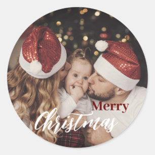 Modern Trendy Christmas  Dark Dusky Family Photo Classic Round Sticker