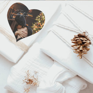 Modern Trendy Christmas Romantic Couple Photo Heart Sticker
