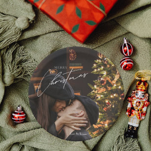 Modern Trendy Christmas Romantic Couple Photo Paper Plate