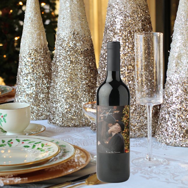 Modern Trendy Christmas |  Romantic Couple Photo  Wine Label (Creator Uploaded)