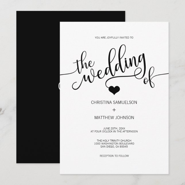 Modern Trendy Classic Black & White Heart Wedding Invitation (Front/Back)