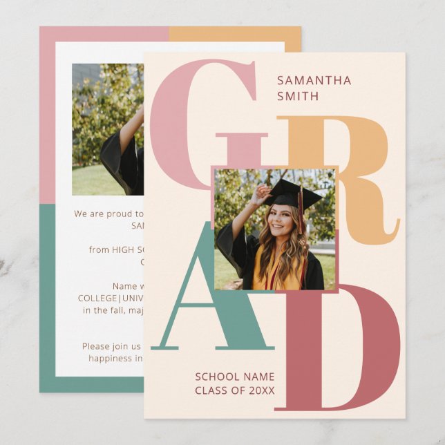 Modern Trendy Colour Typography 2 Photo Graduation Announcement (Front/Back)