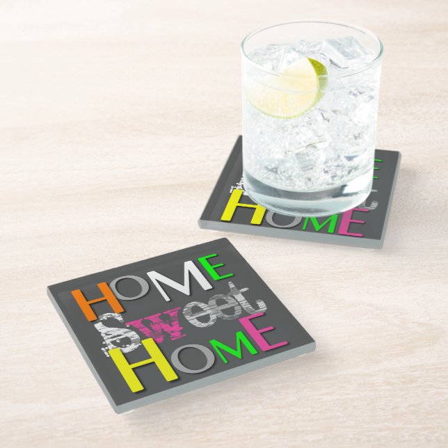 Modern Trendy Colourful Home Sweet Home Glass Coaster (Angled)