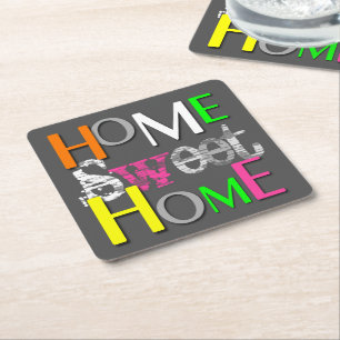 Modern Trendy Colourful Home Sweet Home Square Paper Coaster