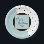Modern Trendy Confetti Dots Birthday for Her Paper Plate<br><div class="desc">A beautifully stylish look for a feminine themed birthday party, this contemporary design features scattered confetti polka dots in black over a white background on one half of the design with a solid dusty light blue colour block on the opposite half. A golden double frame with matching blue background surrounds...</div>