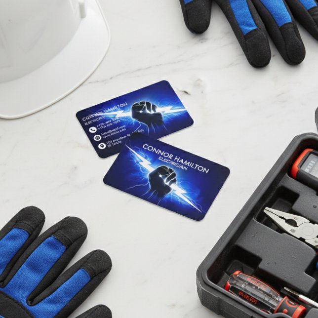 Modern Trendy Cool Blue Lightning Electrician Busi Business Card (Creator Uploaded)