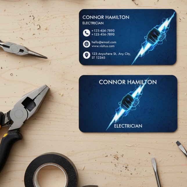 Modern Trendy Cool Blue Lightning Electrician Busi Business Card (Creator Uploaded)