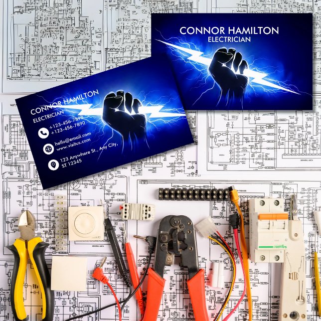 Modern Trendy Cool Blue Lightning Electrician Busi Business Card (Creator Uploaded)