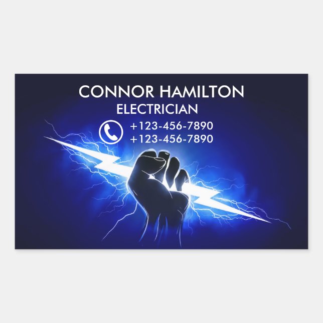 Modern Trendy Cool Blue Lightning Electrician Busi Rectangular Sticker (Front)