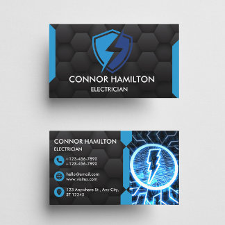 Modern Trendy Cool Blue Lightning Electrician Business Card