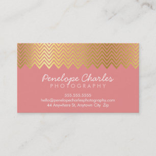 MODERN trendy cool gold foil chevron pattern coral Business Card