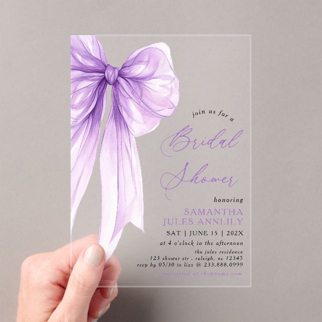 Modern Trendy Coquette Purple Bow Bridal Shower Acrylic Invitations (Insitu (Handheld))