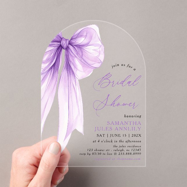 Modern Trendy Coquette Purple Bow Bridal Shower Acrylic Invitations (Insitu (Handheld))