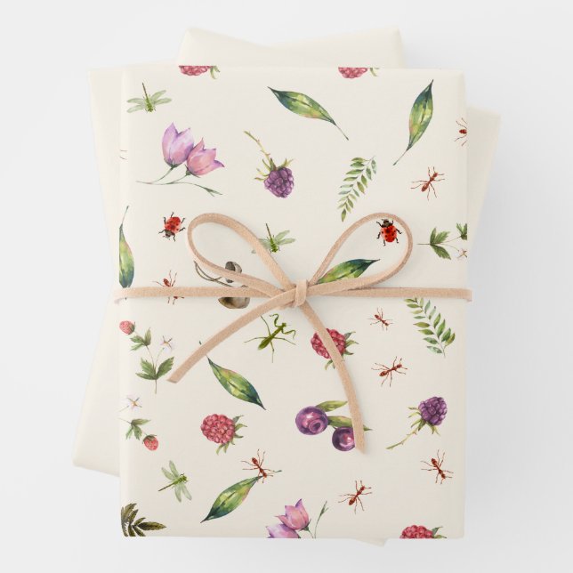 Modern Trendy Cream Woodland Wildflowers Insects Wrapping Paper Sheet (In situ)