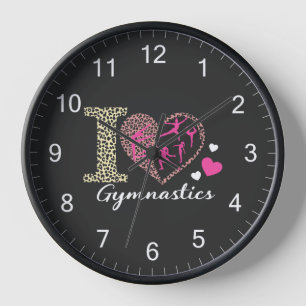 Modern Trendy Cute I Love Gymnastics Leopard       Clock