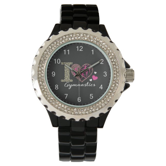 Modern Trendy Cute I Love Gymnastics Leopard       Watch (Front)