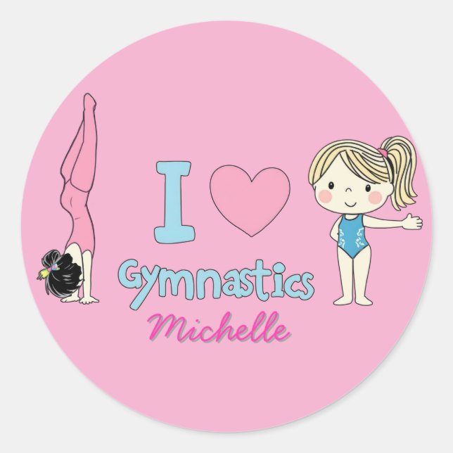 Modern Trendy Cute I Love Gymnastics Personalised  Classic Round Sticker (Front)