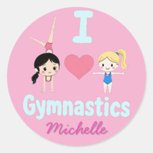Modern Trendy Cute I Love Gymnastics Personalised Classic Round Sticker