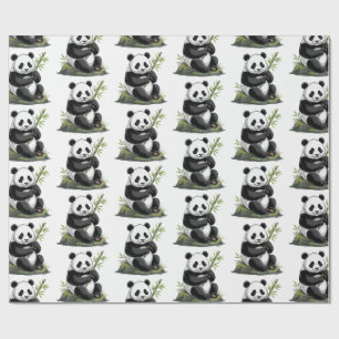 Modern Trendy Cute Panda Bear With Greenery Bamboo Wrapping Paper