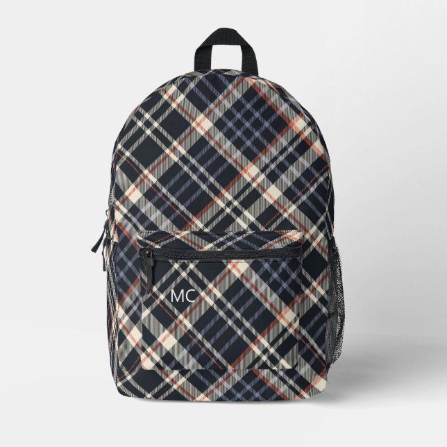 Modern Trendy Dark Check Plaid Monogram Initials Printed Backpack (Front)