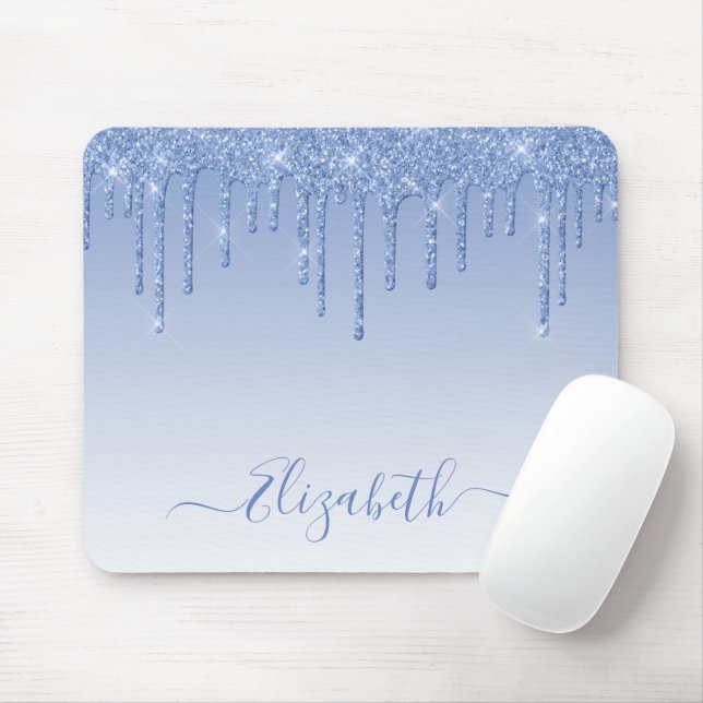 Modern Trendy Dusty Blue Glitter Stylish Script Mouse Mat (With Mouse)