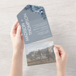 Modern Trendy Dusty Blue Photo Wedding All In One  Invitation