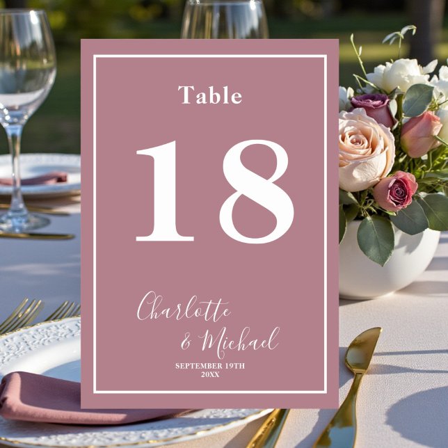 Modern Trendy Dusty Rose Script Minimalist Wedding Table Number (Creator Uploaded)