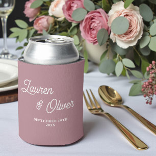 Modern Trendy Dusty Rose Script Wedding Can Cooler