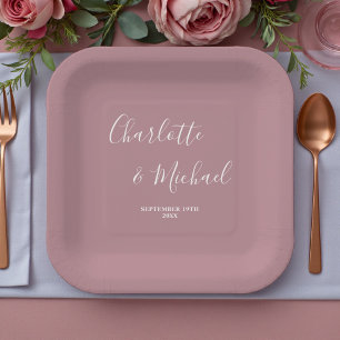 Modern Trendy Dusty Rose Script Wedding Paper Plate